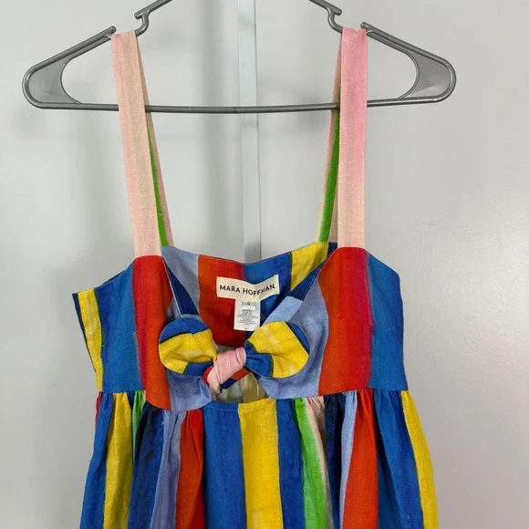 Mara Hoffman Striped Maxi Dress Tie Front Linen Blue Yellow Red Green Size 4 - Picture 4 of 9
